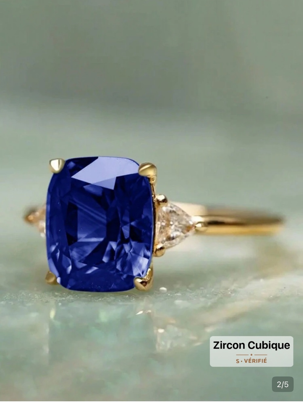 Classic Blue Cushion-Cut Gold Ring with Side Stones